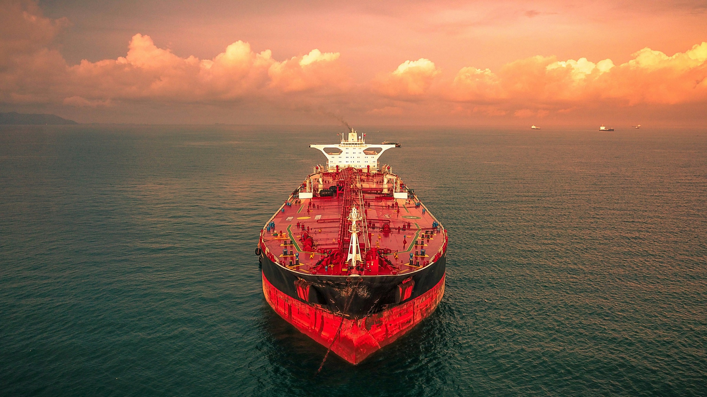 Aerial view of a tanker underway at sea